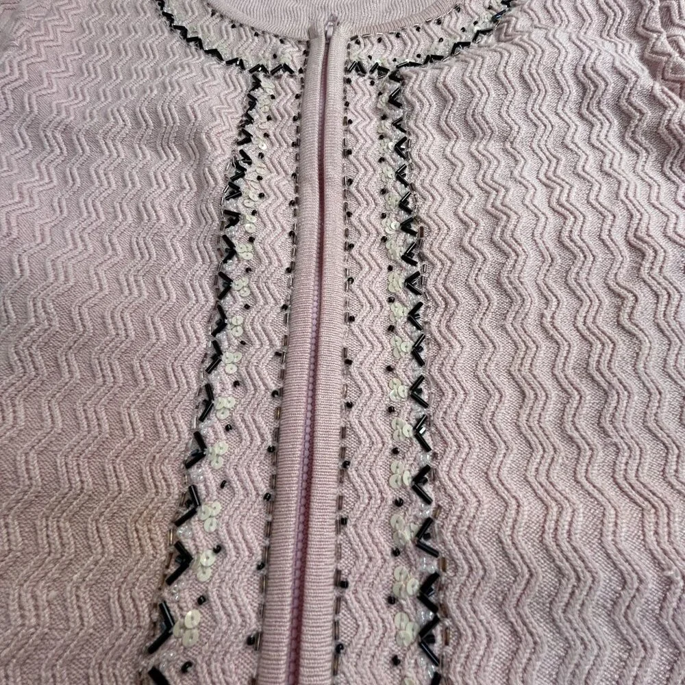 Cable & Gauge Womens Pink Cardigan Sweater Medium Zip Beaded Sequin Embellished